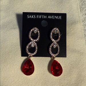 Saks Fifth Avenue Gold and Red Crystal Drop Earrings